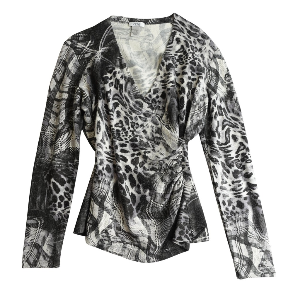 Vtg 90s Y2K Cache Leopard Animal Print Wrap‎ Top L Black Mob Wife Indie Sleaze